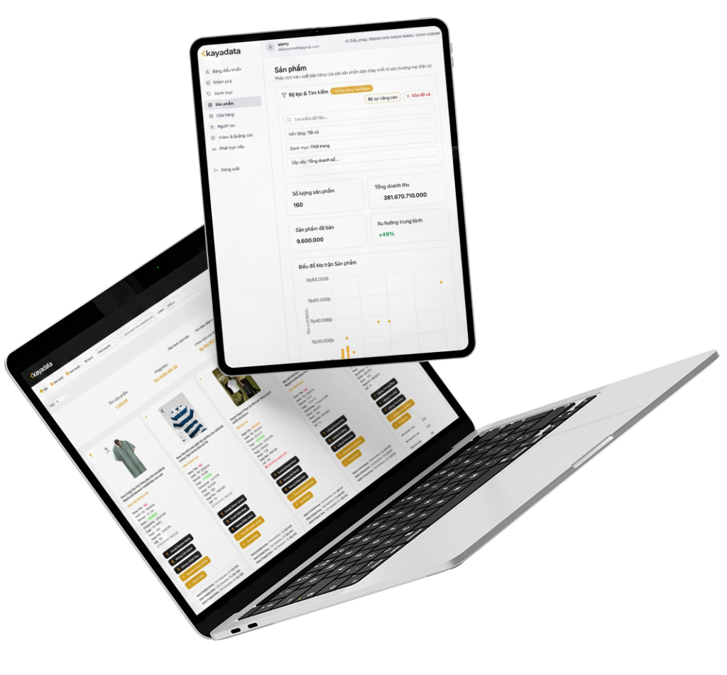 Web App Kayadata phân tích sản phẩm bán chạy và xu hướng doanh số trên Shopee và TikTok
